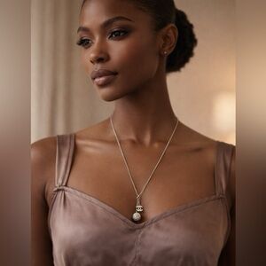 CHANEL Paladium Plated and Strass CC &Ball Drop Pendant Necklace, 23.5”, EUC